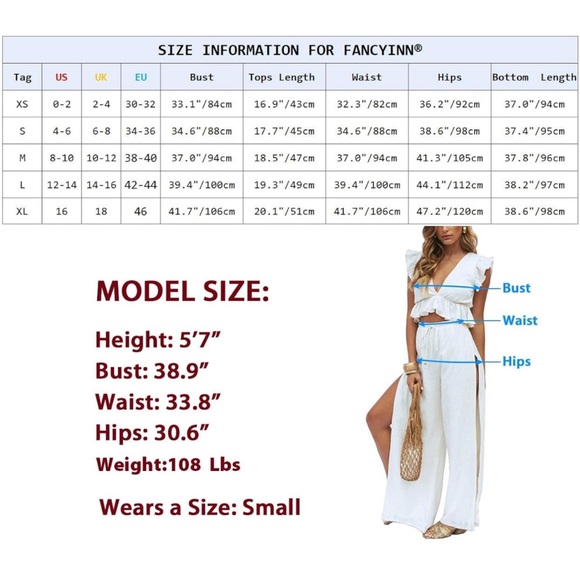 FANCYINN 2 Piece Deep V Neck Crop Top Side Slit Drawstring Wide Leg Pants Set - Picture 6 of 12